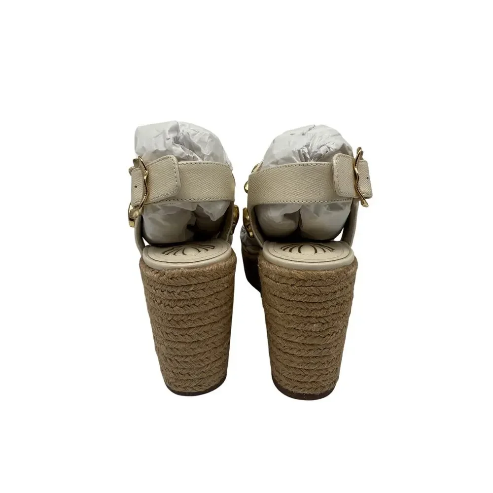 Larroudé Madison Hi Ivory Leather Seashell Wedge Espadrille Sandals Women's Sz 6